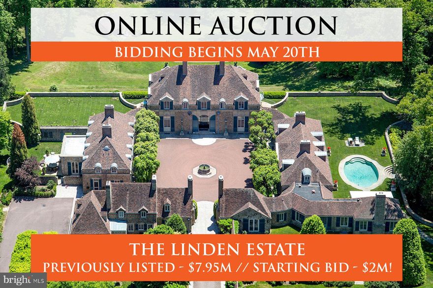 AUCTION - Seller offering property via online auction. Bid online beginning Monday, May 20th with a starting bid of $2M. Preview starts the weekend of Friday, May 17th.  ALL POTENTIAL BUYERS MUST BE PRE-QUALIFIED BY AUCTION COMPANY BEFORE BEING ADMITTED FOR A PREVIEW. Linden Hill can be bid for with or without the adjacent Linden Court at 1539 Monk Road.   Linden Hill on 13.83± acres, in Philadelphia Main Line's most exclusive areas, is a historic and rare opportunity to experience true estate living. The main residence, guest house, grounds and gardens are spectacular, having been magnificently maintained by the present owners. The property is notable for its world-class architecture and its very private, park-like setting. Designed between 1928 and 1931 by Edmund B. Gilchrist for stockbroker Rodman Ellison Griscom, the property was owned for more than 50 years by the Dorrance family of Campbell's Soup Company. Enter Linden Hill's very secluded grounds and travel past fenced pastures and stone outbuildings reminiscent of the quaintest of French villages. The stunning main residence is a majestic example of French Normandy- inspired design of breathtaking scale and symmetry, and lends itself perfectly to comfortable everyday family living, easy entertaining and offering every modern amenity. Its grand-scale rooms showcase soaring ceiling heights, breathtaking windows and French doors with endless views, interior access to multiple terraces, beautifully restored, hand-crafted millwork, original floors and moldings throughout, elegant and easy, expansive or intimate gathering spaces. Private bedroom suites and common areas are equally inviting, with configurations that also accommodate guests for short-term or extended stays. Beyond the main house are a two bedroom, two bathroom guest house, two pools, a pool house and tennis court, all set within absolutely stunning gardens and grounds. As a picturesque legacy property that can also serve as a family and corporate retreat, look no farther than the timeless and spectacular Linden Hill, in close proximity to renowned schools, horse trails, fabulous shopping, clubs, golf courses, recreational facilities, restaurants, trains, Center City Philadelphia, Philadelphia International Airport and more. A rare jewel. *PUBLIC SEWER NOW AVAILABLE* **. Bid at auction for the opportunity to own the Mainline’s most prestigious residence.  Agent is not engaging in auctioneering activities. Contact agent or Interluxe.com for full terms and conditions of the sale and schedule appointment to preview the home.