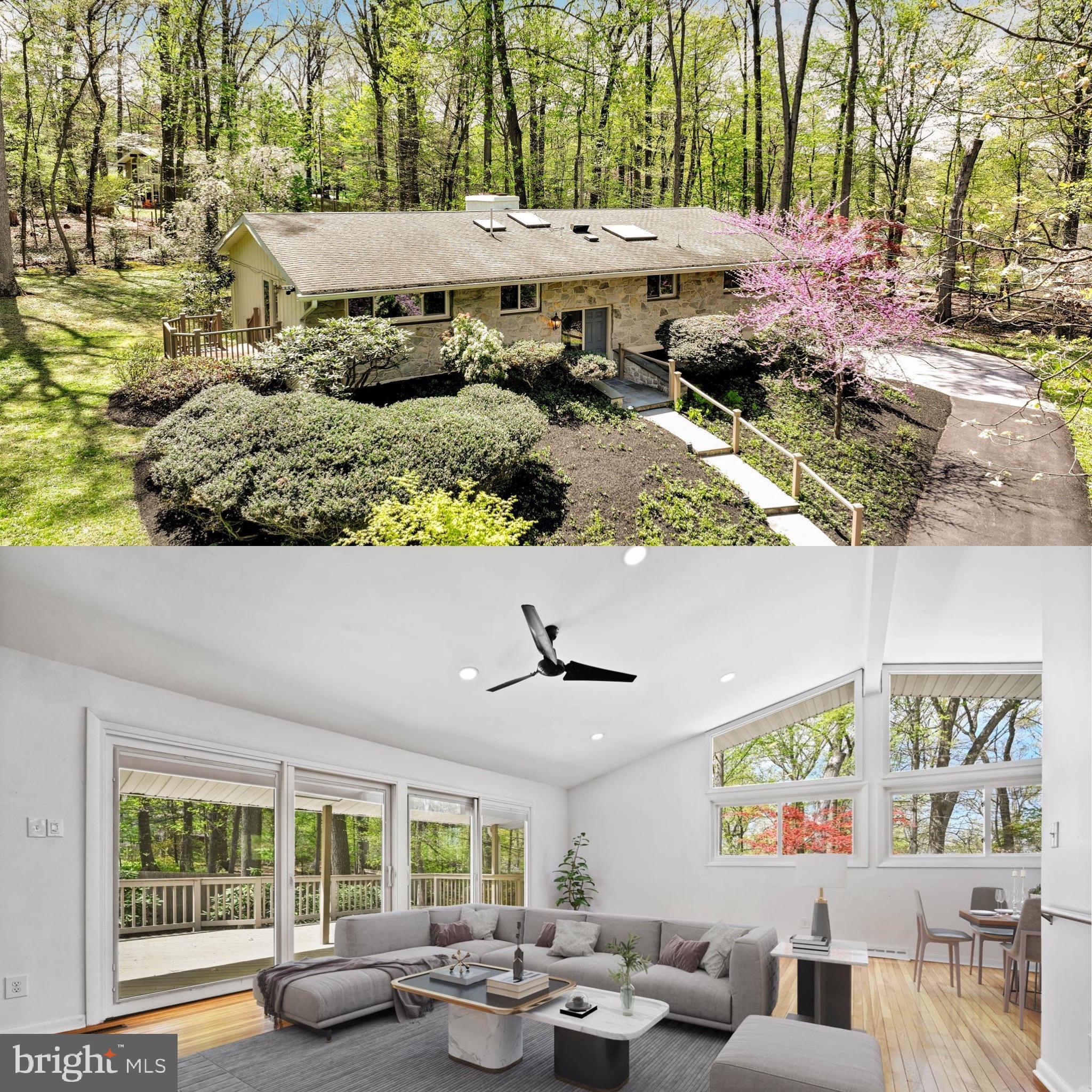 PRICED TO SELL! Nestled at the end of a peaceful cul-de-sac in the award-winning T/E School District, 694 Trowill Lane offers a rare blend of privacy, natural beauty, and thoughtful design. Set on a lush, level .93 acre lot, this McElroy-built contemporary bi-level home is surrounded by mature trees and vibrant landscaping, creating a colorful backdrop that changes beautifully with the seasons. Step inside and enjoy the sun-drenched living room with vaulted ceiling, where a dramatic wall of windows + doors and a stunning floor-to-ceiling stone wall with gas fireplace bring the outdoors in, filling the space with warmth and light. The custom renovated kitchen, designed by Steiner & Houck, Inc. in 2009, features Wolf appliances, a Sub-Zero refrigerator, a RangeCraft Bell Curve Copper custom range lood, leathered granite countertops, recessed and pendant lighting over the island with seating, and abundant natural light through the large skylight that illuminates this updated space. Hardwood floors flow throughout the main level, which includes a beautifully renovated hall bath (2017) boasting a vanity with soft-close drawers, Kohler sink and tiled floor and bathtub/shower combination. The spacious primary suite offers dual closets, a renovated ensuite bath with floor to ceiling tile (2017), and direct access to a private composite deck with steps down to the yard. Two additional bedrooms on this level boast neutral paint and abundant natural light and stunning yard views. The finished, walkout lower level adds even more flexible living space, including a large recreation room with a stone (decorative) fireplace, sliding doors to a patio, slate tile flooring, a full bathroom, cedar closet, laundry area, utility closet, and direct access to an oversized two-car garage. This room is so spacious that it could function as both an in-home office and a secondary informal TV-room. Framing out a 4th bedroom is also a possibility- the space is there to serve your needs. The outdoor living space is abundant, with two decks and a lower-level patio, perfect for entertaining or simply enjoying the peaceful, natural setting. The yard is open and level (trees were recently removed to make for more sunlight) so conducive for play, entertaining and peaceful relaxation. Notable features include: Pella windows and doors , hardwood flooring and recessed lighting throughout, six-paneled doors, a lower level with new drywall, slate tile flooring and lighting (2024), New LG washer and dryer combination, a walk-up attic (bessler stairs) and an oversized 2-car garage with new doors. Enjoy this one-of-a-kind suburban oasis while being in close proximity to downtown Wayne, King of Prussia, a wide variety of restaurants, gyms, parks and playgrounds, all forms of transportation, accessibility to major routes (202,76,30) and top-rated schools, this home offers a unique combination of privacy and accessibility. At 694 Trowill Lane, every season paints a new masterpiece—and you’re invited to live in the middle of it.