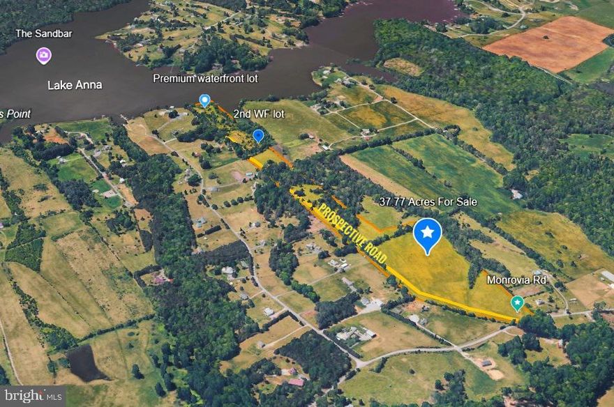 37.77 total acreage. Parcel C= 3.02 acres= waterfront lot.  Property can have 2 Waterfront Lots and 2 Lots at Monrovia Rd. Access Road will be put in (see plat)  Property is on Spotsylvania Annual Division plan.  More photos and info coming. New plat will be uploaded soon.
