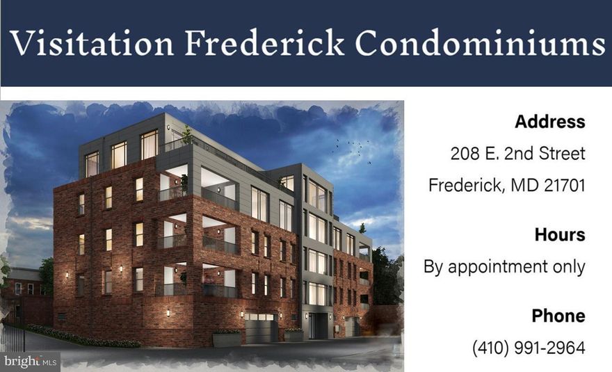 O2J presents Visitation Frederick Condos (contact developer directly for more information or visit builder website). Condo fee includes water/sewer. Condominium fee varies by percentage of ownership calculated based on size of unit. NEW CONSTRUCTION - NO TAX INFORMATION CURRENTLY AVAILABLE. This property is located within the historic district overlay and requires HPC approval for exterior modifications. $5000 capital contribution fee, $500 move in fee and $750 annual deferred water/sewer assessment for 33 years. Contact developer for more information.