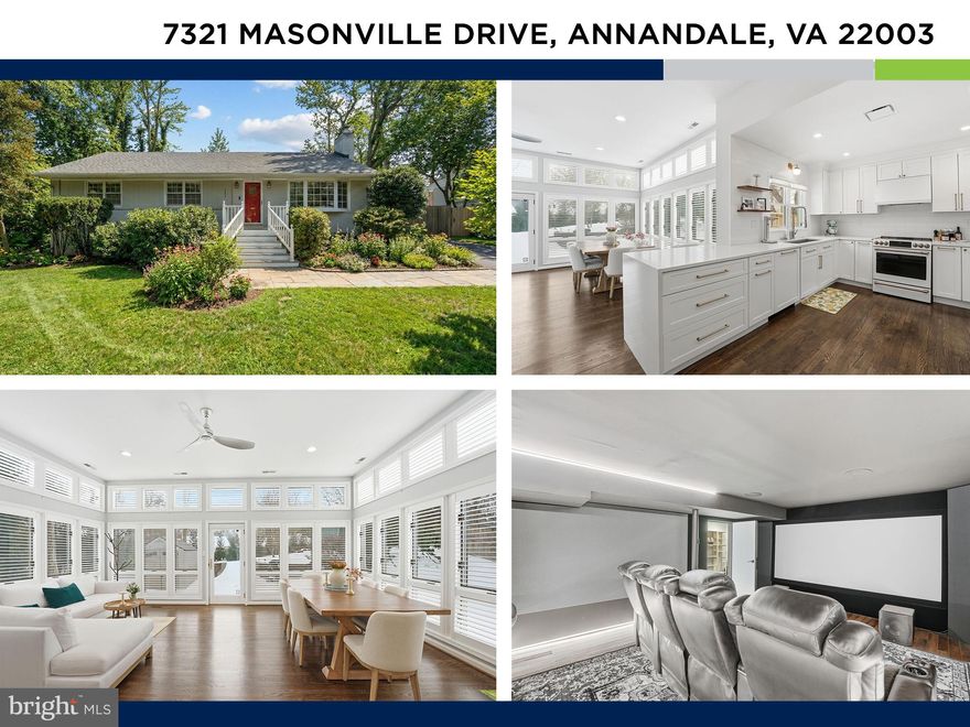 OFFER DEADLINE MONDAY 2/16 AT 4PM!! Welcome to 7321 Masonville, a meticulously updated, light-filled residence where elevated design, thoughtful craftsmanship, and modern living come together seamlessly.
 
The main level is designed for refined entertaining and everyday ease, with the family room, sunroom, and kitchen flowing in perfect harmony. Anchoring the space is a bespoke chef’s kitchen—both striking and functional—featuring classic white shaker cabinetry, dramatic white quartz waterfall countertops, and premium GE Café appliances in white with elegant gold-tone hardware. Highlights include an induction range, microwave, Bosch custom built-in dishwasher, oversized stainless-steel sink with backyard views, timeless subway tile backsplash, peninsula seating, and a curated coffee and beverage bar with floating shelves and a built-in beverage refrigerator.
 
The kitchen opens directly to the expansive sunroom, a sophisticated gathering space wrapped in floor-to-ceiling windows and finished with custom plantation shutters for effortless light control. Generously sized to accommodate both dining and lounging, this sunroom is a true extension of the living space—ideal for hosting or unwinding in style.
 
The main level also offers a warm and inviting family room with a gas fireplace, three well-appointed bedrooms, and two beautifully finished full baths. Custom bottom-up blinds throughout provide privacy without compromising natural light.
 
Privately positioned at the rear of the home, the primary suite is a serene retreat. Custom closets and a spa-inspired bath elevate the experience, showcasing a double-sink teak vanity, refined lighting, subway tile accents, heated black hexagon tile floors, and a frameless glass shower featuring a Moen Smart Shower. Both upper-level bathrooms offer heated floors and Smart Shower systems, allowing precise control of temperature and water flow via wall controller or smartphone app. The secondary bath is equally sophisticated with a floating vanity, subway tile chair rail detailing, heated floors, and bold black hexagon flooring.
 
The lower level is thoughtfully designed to function as a private living suite, ideal for guests, extended family, or au-pair accommodations. With walk-up access to the exterior, this level offers a spacious living room, bedroom, full bath, kitchenette, and an exceptional dedicated home theater. The theater delivers a cinematic experience with a professional-grade sound system featuring 11 speakers and 2 subwoofers (7.2.4), a projector, ambient accent lighting, and four leather reclining seats (all of which, from speakers/receiver to recliners, may convey). The kitchenette is finished with white shaker cabinetry, beverage refrigerator, dishwasher, sink, and microwave, while luxury plank flooring and recessed lighting unify the space. A dedicated laundry room includes a modern LG front-loading washer and dryer along with a stainless-steel utility sink. The lower-level bath is finished with a Toto toilet, teak vanity with marble countertop, chic mirror and lighting, frameless glass shower, and classic subway tile.
 
Outdoors, the backyard has been transformed into a private retreat. The owners removed 11 trees and strategically planted 25 Green Giant privacy trees, creating exceptional seclusion. A spacious stone paver patio, large standalone workshop, an additional storage shed, and ample room for entertaining or relaxation make this outdoor space as impressive as the interior.
 
Ideally located in a tranquil setting yet moments from everything, the home is minutes to parks, trails, and community pools, 3.5 miles from Mosaic District, 6 miles from Tysons, 1.9 miles from INOVA Fairfax Medical Campus, and approximately 10 miles from downtown Washington, D.C.
This is more than a home—it’s a refined retreat designed for modern living at its best.