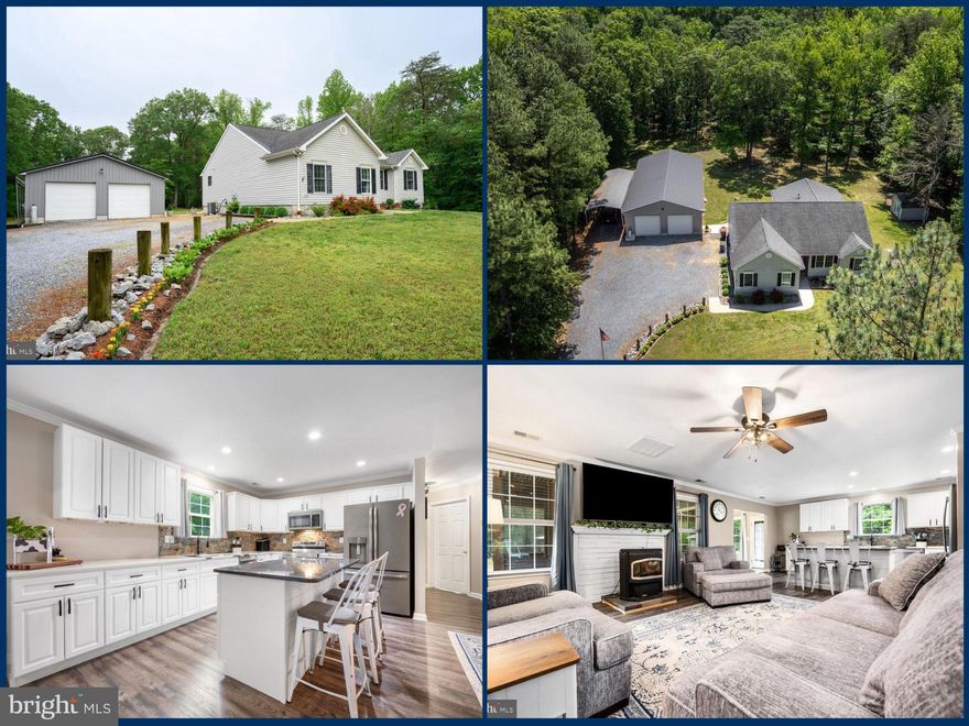 Are you dreaming of a peaceful escape to the countryside?  Well, Imagine owning a beautiful and spacious home nestled on nearly three acres of serene land. This private retreat is surrounded by mature trees, creating a peaceful haven teeming with lots of wildlife.  This well-maintained, open-floor rancher offers 3 bedrooms and 2.5 baths plus a den and office that could easily function as a fourth or even fifth bedroom.  The beautiful kitchen boasts sleek white cabinetry, farm sink, a large island/breakfast bar and quartz countertops, adjoining dining room and a cozy living room complete with a pellet stove. You'll also appreciate the large laundry room, attic space for storage, a screened porch, and a patio, ideal for entertaining and/or relaxing.  And that's not all! An exceptional bonus is an expansive 30x60 detached garage equipped with it's own electric meter, heat, air conditioning, and water.  There's a two-car portion and a 30x35 space at the back, ready for you to customize to your liking (fantastic potential to convert into living space, such as an in-law suite).  For extra storage and protection, there's also a large car/camper port.  Come enjoy the Eastern Shore -fishing, crabbing piers, playgrounds, bike/walking trails, parks and so much more!