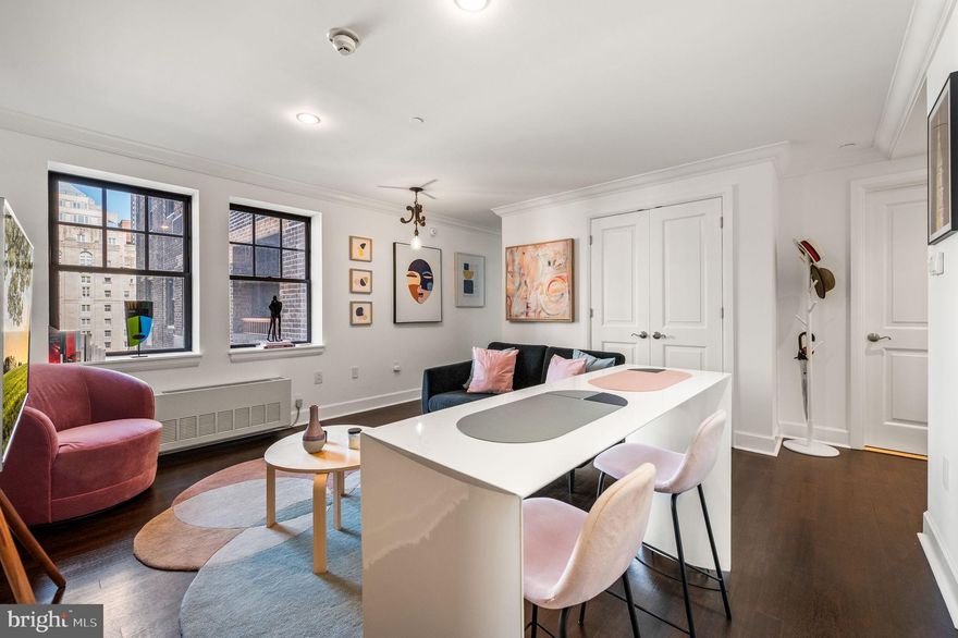 Experience effortless city living in this sleek and stylish one-bedroom residence at the iconic Warwick Condominiums, just steps from Rittenhouse Square. Thoughtfully renovated, this home features a modern European-inspired kitchen with custom cabinetry and seamlessly integrated appliances, creating a clean, minimalist aesthetic. Appliances include an Empava induction cooktop, Bosch dishwasher, Samsung refrigerator, and a microwave. Hardwood floors flow throughout, complemented by generous storage and a convenient combo washer/dryer. Residents enjoy all the benefits of hotel living with access to The Warwick Hotel’s amenities, including a 24-hour concierge, state-of-the-art fitness center, in-residence dining, housekeeping services (a la carte), and direct access to Bluestone Café, Spice Finch, and The Rittenhouse Grill. Condominium owners also enjoy the privacy of a dedicated elevator. Valet parking is available on-site for $395/month. Pet-friendly building . Live in Philadelphia’s premier location, with the city’s best dining, shopping, theaters, and transportation right at your doorstep.