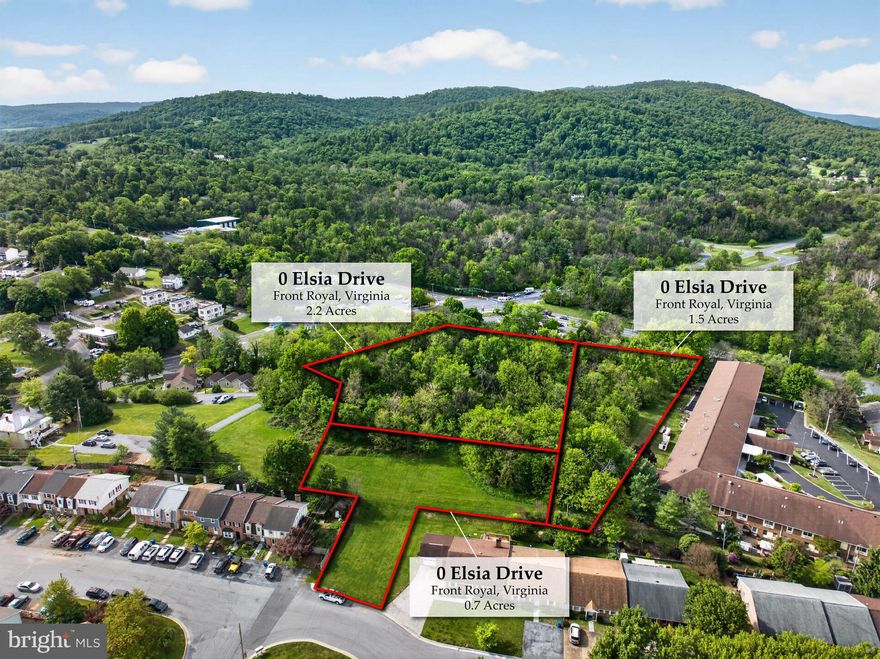 Versatile Development Opportunity in Front Royal – 4.361 Acres | Zoned R-3

Unlock the potential of this exceptional offering consisting of three parcels totaling 4.361 acres, ideally located on Elsia Drive in Front Royal. Zoned R-3, this property presents a prime opportunity for a variety of residential development options, including single-family homes, townhomes, or duplexes.

Enjoy beautiful mountain views that provide a scenic backdrop for future homes, enhancing both appeal and value. With high-speed internet available, the property is well-suited for modern living demands.

Conveniently situated just minutes from downtown Front Royal, you’ll have easy access to shopping, dining, entertainment, and everyday amenities. Outdoor enthusiasts will appreciate the proximity to Shenandoah National Park, Skyline Drive, the Appalachian Trail, and the Shenandoah River—offering hiking, kayaking, fishing, and breathtaking natural beauty.

Nearby attractions and conveniences include:

Historic Downtown Front Royal (boutiques, cafes, breweries, and local events)
Shenandoah National Park & Skyline Drive
Shenandoah River access points and outfitters
Warren Memorial Hospital
Local wineries and vineyards
Golf courses and parks
Shopping centers and grocery stores
Restaurants ranging from casual to fine dining

Commuters will love the easy access to I-66, making travel to Northern Virginia and beyond efficient and convenient.

Whether you're a builder, developer, or investor, this is a rare opportunity to bring your vision to life in a growing and desirable area.

Don’t miss your chance to secure this prime piece of land with endless potential! Property is listed for assessed value of all three lots