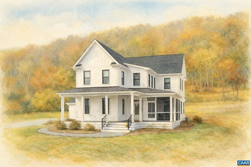 A classic 4 BR Virginia farmhouse TO BE BUILT on 21 acres with pastoral views,  and privacy-enhancing hardwood forests ? surrounded by Southern Albemarle?s top equestrian farms & estates in conservation easement. Under 25 mins to UVA and downtown Cville. Main level guest bedroom with full bath offers flex space for study. A generous primary suite + 2 addl bedrooms/bath upstairs. Abundant outdoor living with deep front porch and screened in side porch. Located along a scenic, paved country road lined with mature hardwoods and classic black board fencing, plus extensive road frontage providing flexibility for multiple access points. The primary building site is gently elevated. A wonderful country property that makes it easy to extend the weekend or work from home.,Granite Counter,Wood Cabinets,Fireplace in Living Room