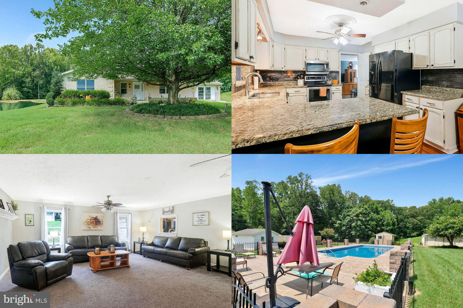 Tucked away on a lush and private 3-acre lot surrounded by mature trees, this beautiful ranch-style home is a hidden gem with space for everyone and everything. Whether you're growing your family or running a home-based business, the possibilities here are endless. The main house features an open kitchen with granite countertops and generous table space, a spacious family room, home office with French doors, and a bright Florida Room that leads straight to the inground pool, perfect for summer fun. The Primary Suite offers a spa-like bath with dual vanities, jetted tub, and separate shower.
The separate Guest House/In-Law Suite is just as impressive with soaring 10'+ ceilings, a skylight, full kitchen, living room, bedroom, bath, laundry, and its own A/C. Outside, you’ll find a pool house complete with sink and dishwasher, a 6-car detached garage, large workshop and storage building, and a 2-bay shed, making equipment access and storage a breeze. Enjoy outdoor living with a built-in grill, private stocked fishing pond, and plenty of driveway space for RVs, boats, or work vehicles. Close to parks, commuter routes, shopping, and dining, all with NO HOA!