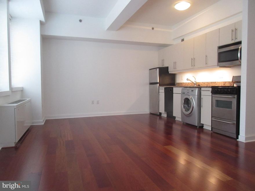 Designer studio with excellent closet space and wood floors at Parc Rittenhouse! This home has a spacious living area with room to entertain; open kitchen with stainless steel appliances, granite countertops, and modern cabinetry; combination washer/dryer; and a marble-appointed bathroom with shower/tub combination and single vanity. Residents of Parc Rittenhouse enjoy world class amenities and services including a 24 hour doorman; an amenities suite that includes a brand new state-of-the-art fitness center and resident lounge with pantry; media room; outdoor rooftop pool club with a large pool deck, full size pool, kids pool and hot tub; garage parking below the building for an additional fee; and two amazing restaurants on the ground floor, Stephen Starr’s Parc and Via Locusta.