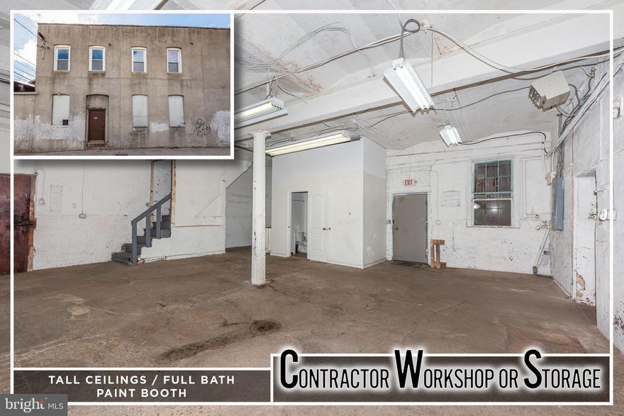 CONTRACTOR/WORKSHOP/MAKER SPACE W/ ROLL UP GARAGE - APPROX 2,800 SQ FT. Concrete floors w/ drains on both the floors, tall ceilings, a full bathroom, updated 200 amp panel, sep wash sink, sep office space, basement storage, new shop lights, commercial grade ceiling mount warehouse heaters. Sep enclosing smoke room would function well as a paint booth. Close to Canton & Rt 40 & 95!  Tenant is responsible for 65% of utilities (based on sq. ft).  Tenant portion of BGE averages anywhere from $60/mo - $600+/mo depending on usage and outside temps with the bills being the highest in the winter.  Space has overhead heaters so the more they are used, the higher the bill