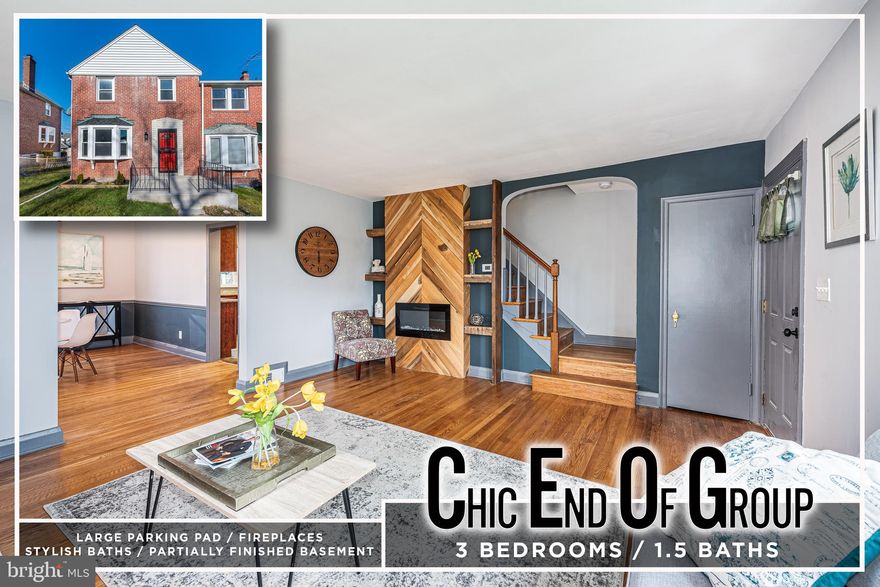 CHIC END OF GROUP TOWNHOUSE WITH 3 FINISHED LEVELS AND OFF STREET PARKING!  Features include hardwood flooring throughout, an inviting living room with an electric fireplace, separate dining area, updated kitchen with ss appliances & granite counters, upper level with 3 bedrooms & 1 full bath, a finished basement with a family room with a 2nd electric fireplace, half bath, and laundry/storage space, and convenient off street parking!  Pack your bags and move right in!