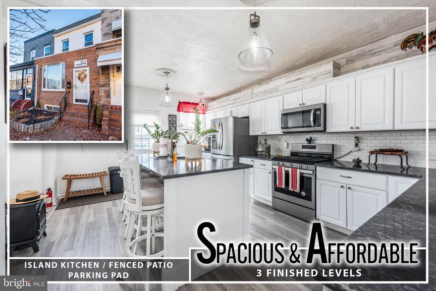 Spacious, Stylish & Priced to Sell – Over 2,200 Sq. Ft. of Comfortable Living!  Step inside this stunning rowhome and prepare to be wowed by its space, charm, and functionality! From the moment you walk in, you’ll be greeted by warm wood parquet flooring and a sun-drenched living room—perfect for cozy nights in or lively gatherings with friends and family.  The heart of the home is the gourmet island kitchen, a dream for home chefs and entertainers alike. Featuring sleek granite countertops, stainless steel appliances, and an abundance of cabinetry, this space is designed for both everyday meals and special occasions.  Upstairs, three spacious bedrooms provide comfort and tranquility and the spa-like full bath is a true retreat, boasting a separate soaking tub and a walk-in shower—ideal for unwinding after a long day. 
 Need extra space? The fully finished basement delivers! Whether you envision a family room, media lounge, home office, or guest suite, this level has it all—plus a second full bathroom and a dedicated laundry room for ultimate convenience.  And let’s talk about outdoor living! The charming rear garden patio is perfect for morning coffee, grilling, or simply soaking up the fresh air. Plus, it leads directly to your very own private parking pad—a rare and valuable perk in city living!  This home truly offers the best of space, comfort, and affordability in a prime location - steps from Johns Hopkins Bayview, the new Yard 56 development, Joseph E. Lee Park, and across the street from an adorable neighborhood cafe!