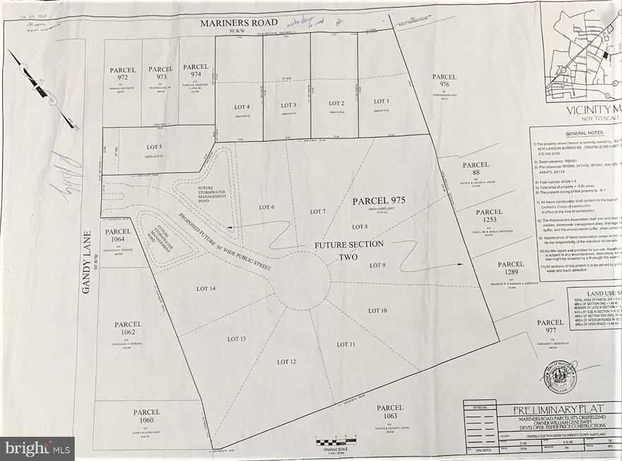 5.8 acres just outside city limits with public water and sewer. Preliminary plat on file shows possibility of subdividing into 14 lots (city) or 11 lots (county).