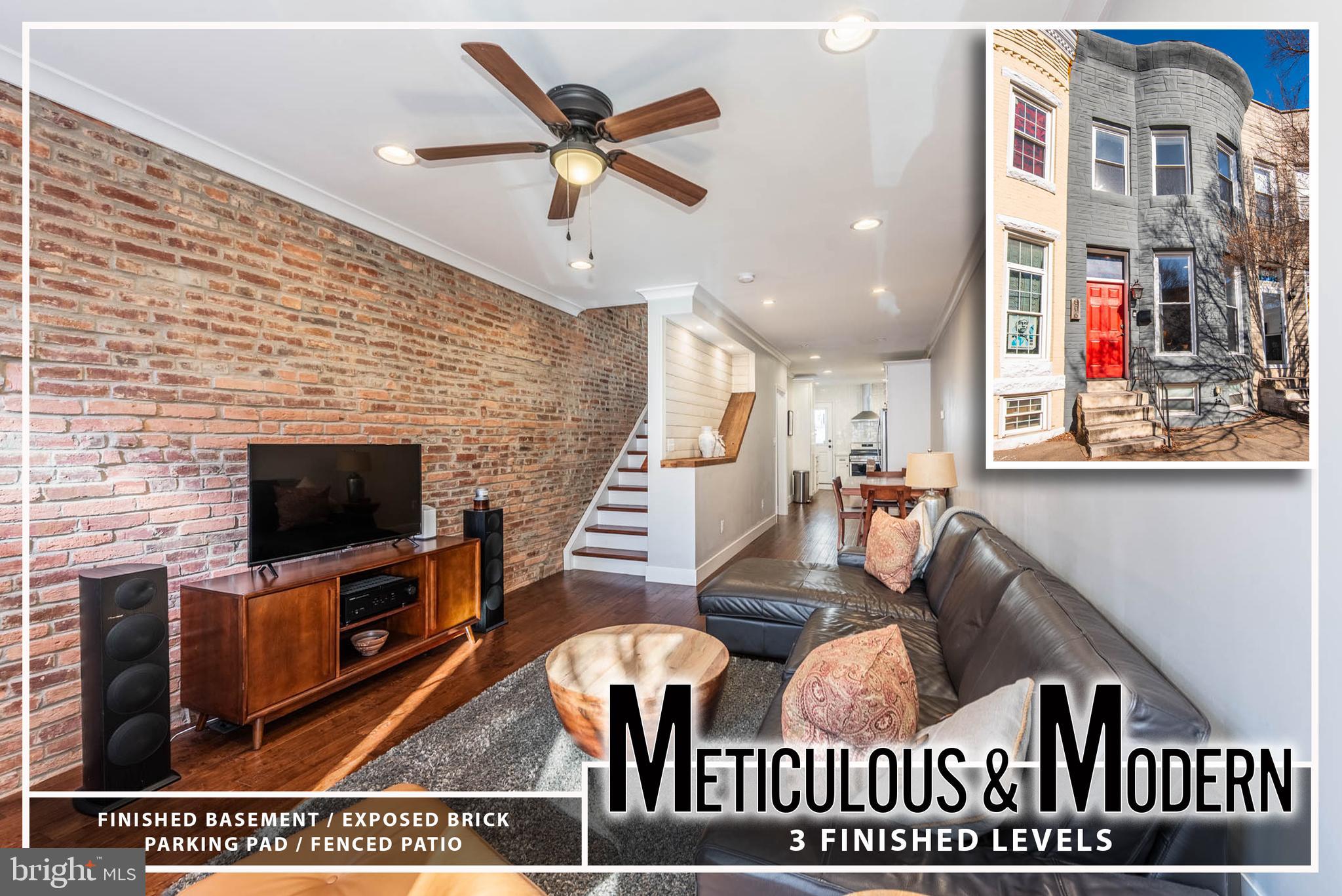 Step inside this stylish Hampden rowhome, offering over 1,600 sq. ft. of beautifully designed living space. The main level impresses with gleaming hardwood floors, a spacious living room with crown molding and exposed brick, and a dining area perfect for entertaining. The kitchen shines with ample cabinetry, stainless steel appliances, and sleek Quartz countertops. Upstairs, the primary suite is a true retreat, featuring a private bath with a glass-enclosed shower. A second bedroom, hall bath, and convenient bedroom-level laundry complete the upper level. The finished basement offers flexibility with an additional bedroom and full bath—ideal for guests or a home office. Outside, a private rear patio leads to gated parking for easy city living. All this in the heart of Hampden, just moments from shops, dining, and the Avenue’s vibrant energy. Don't miss it!