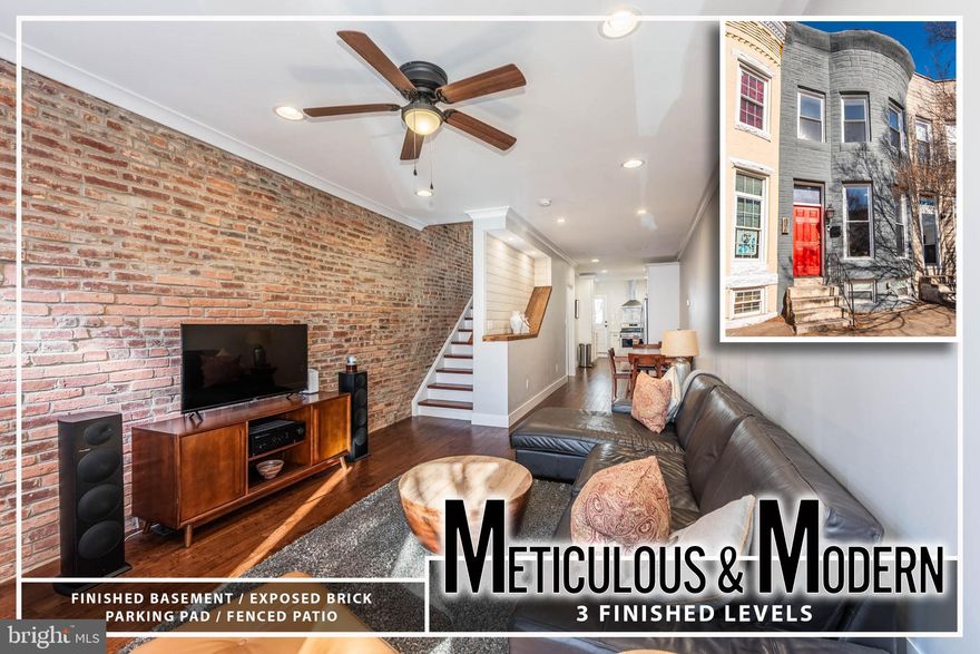 Step inside this stylish Hampden rowhome, offering over 1,600 sq. ft. of beautifully designed living space. The main level impresses with gleaming hardwood floors, a spacious living room with crown molding and exposed brick, and a dining area perfect for entertaining. The kitchen shines with ample cabinetry, stainless steel appliances, and sleek Quartz countertops. Upstairs, the primary suite is a true retreat, featuring a private bath with a glass-enclosed shower. A second bedroom, hall bath, and convenient bedroom-level laundry complete the upper level. The finished basement offers flexibility with an additional bedroom and full bath—ideal for guests or a home office. Outside, a private rear patio leads to gated parking for easy city living. All this in the heart of Hampden, just moments from shops, dining, and the Avenue’s vibrant energy. Don't miss it!