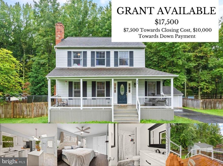 $17,500 GRANT- $10,000 DOWN PAYMENT ASSISTANCE & $7,500 TOWARDS CLOSING COSTS!! Welcome to 25 Washington and Lee Blvd in Stafford—where modern upgrades meet effortless charm!
Step onto the inviting front porch, the perfect spot for your morning coffee or catching up with friends. Inside, you’ll find a beautifully remodeled home with hardwood floors throughout the main level, fresh paint in the bedrooms, and stylish new lighting—including dimmers and recessed lights to set the perfect mood.

The kitchen is a true standout, featuring sleek countertops, stainless steel appliances, and a spacious pantry for all your storage needs. Natural light floods the space through skylights, creating a bright and airy feel. Off the cozy living room, the sunny dining area overlooks the huge, fully fenced backyard—ready for summer BBQs and weekend hangouts on the brand-new deck with a built-in eat-at bar for dining al fresco. Upstairs, the primary suite is your private retreat, featuring a stunning walk-in tile shower and marble vanity.

Need parking and storage? No problem! The detached 2-car garage has you covered. Head downstairs to the finished basement, where a fireplace sets the scene for cozy nights. You'll also find a private bedroom with a spa-like ensuite, complete with double vanities and a walk-in shower, plus direct access to the oversized backyard—perfect for guests or entertaining.

Whether you're unwinding on the front porch, enjoying the bright and airy kitchen, or making use of the separate basement entrance for added privacy, this home is designed for easy living, style, and comfort.
Don’t miss out—schedule your showing today!