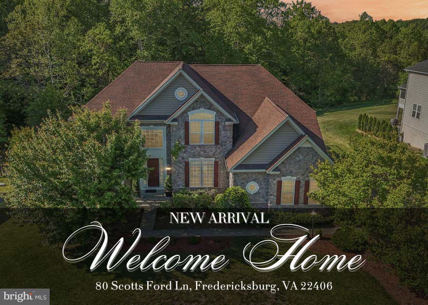 Discover unparalleled elegance and tranquility at 80 Scotts Ford Lane, a distinguished residence that redefines upscale living in Fredericksburg. Nestled on a private one-acre lot, this impressive 5-bedroom, 5.5-bath home offers over 6,000 square feet of beautifully designed living space, blending sophisticated design with effortless functionality. Thoughtfully updated for peace of mind, the home features a newer roof (2020), fresh interior paint (2025), and a newly installed sump pump (2025).

From the moment you step inside, you’re welcomed by soaring ceilings, rich hardwood floors, and an abundance of natural light that fills the open and inviting floor plan. Designed for both everyday living and elevated entertaining, the heart of the home is the gourmet kitchen, complete with a large center island, upgraded countertops, and a butler’s pantry that seamlessly connects to the main living and dining areas.

Designed with entertaining in mind, the home showcases expansive gathering spaces, dual staircases, and a fully finished walk-out basement complete with a recreation room, media area, additional bedroom, and full bath, ideal for guests, multi-generational living, or a private retreat.

Upstairs, the luxurious primary suite serves as a true sanctuary, offering a spacious layout, spa-inspired bath, and a generous walk-in closet. Additional bedrooms provide comfort, flexibility, and ample space for family and guests alike.

Step outside to experience the privacy and serenity of your expansive lot, offering the perfect backdrop for outdoor entertaining or peaceful evenings in a quiet, natural setting.

Ideally located just moments from Lake Mooney, local golf courses, shopping, dining, and with convenient access to I-95, this home offers the perfect balance of tranquility and accessibility.

With its grand scale, refined finishes, and exceptional location, this home delivers a lifestyle of comfort, elegance, and distinction.  Welcome home!
