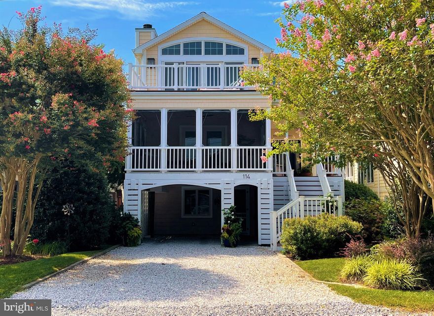 Stunning coastal home just steps to the shoreline, recently renovated using high level finishes throughout. This impressive home features an inviting great room that perfectly blends a gourmet kitchen, dining area and living room that opens to a spacious screened porch, creating the ideal layout for entertaining. On this main level there is also a primary bedroom suite with private access to another screened porch, plus an office, and half bath. On the top floor, a second primary bedroom features a spa-like bathroom and sun deck with access to a rooftop deck with views of the ocean. Also on this level are 4 additional spacious bedrooms 2 full bathrooms. On the ground level there is a large family room, additional sleeping space, and a full bathroom. Offered with beautiful furnishings and décor, this home is ready to be enjoyed. Located just a few blocks South of the heart of downtown Bethany, this quiet street offers easy access to boutique shops, restaurants, and the boardwalk.