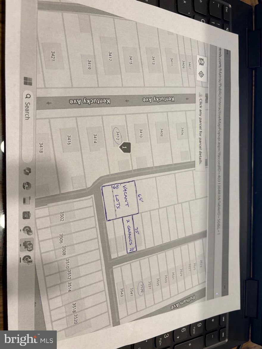 Cleared lot land totaling 65x 68' with an additional 20x75' lot that has 2 existing garages built on it. Three lots total with two garages all for one low price* Seller will entertain all offers*Garages are located directly behind 3539 Pelham Ave. Lots are at the corner of alley behind 3412 Kentucky Ave* Garages are in good condition and were rented for $75/month*Easy access to property* Vacant lots provide enough room for six more garages to be built*