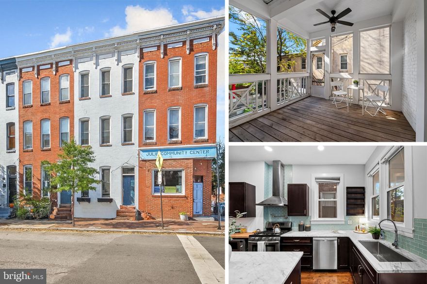 This expansive 3-story row home in Butcher's Hill blends historic character with modern style, featuring soaring ceilings, a rare screened-in porch off the kitchen, and a two-level rooftop deck with sweeping views of the city and harbor. The main level feels open and inviting, with a spacious living room showcasing original details, a dining room anchored by a custom built-in bar, a convenient powder room, and a gourmet marble-topped kitchen with an island and plenty of storage. Upstairs, you’ll find two generous bedrooms and a full bath, including a rear suite with a cozy study or nursery complete with built-ins. The top floor is dedicated to the primary suite adorned with exposed beam details in the bedroom, a large bath featuring a clawfoot tub and direct access to the rooftop deck from the hallway. A walkout basement adds great storage. A rare find that delivers space, classic yet modern finishings, and unbeatable outdoor living in one of Baltimore’s most sought-after neighborhoods. Seller updates include: Roof deck, Screened in porch, Refrigerator, Dishwasher (all in 2020)