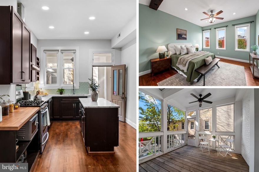 This expansive 3 bedroom PLUS an office/den row home in Butcher's Hill blends historic character with modern style, featuring soaring ceilings, a rare SCREENED-IN PORCH off the kitchen, and a two-level ROOFTOP DECK with sweeping views of the city and harbor. The main level feels open and inviting, with a spacious living room showcasing original details, a dining room anchored by a custom built-in bar, a convenient powder room, and a gourmet marble-topped kitchen with an island and plenty of storage. Upstairs, you’ll find two generous bedrooms and a full bath, including a rear suite PLUS a cozy office/den or nursery complete with built-ins. The top floor is dedicated to the primary suite adorned with exposed beam details in the bedroom, a large bath featuring a clawfoot tub and direct access to the rooftop deck from the hallway. A walkout basement adds great storage. This home is a rare find that delivers space, classic yet modern finishings, and unbeatable outdoor living in one of Baltimore’s most sought-after neighborhoods. Seller updates include: Roof deck, Screened in porch, Refrigerator, Dishwasher (all in 2020). Baseboard heat is not operational/no longer needed. Home is heated/cooled via central air and ductless units for the 3rd level. Washer/dryer can likely be relocated to 3rd level across from bathroom since there is plumbing behind access panel. Agent can provide estimate from contractor if requested.