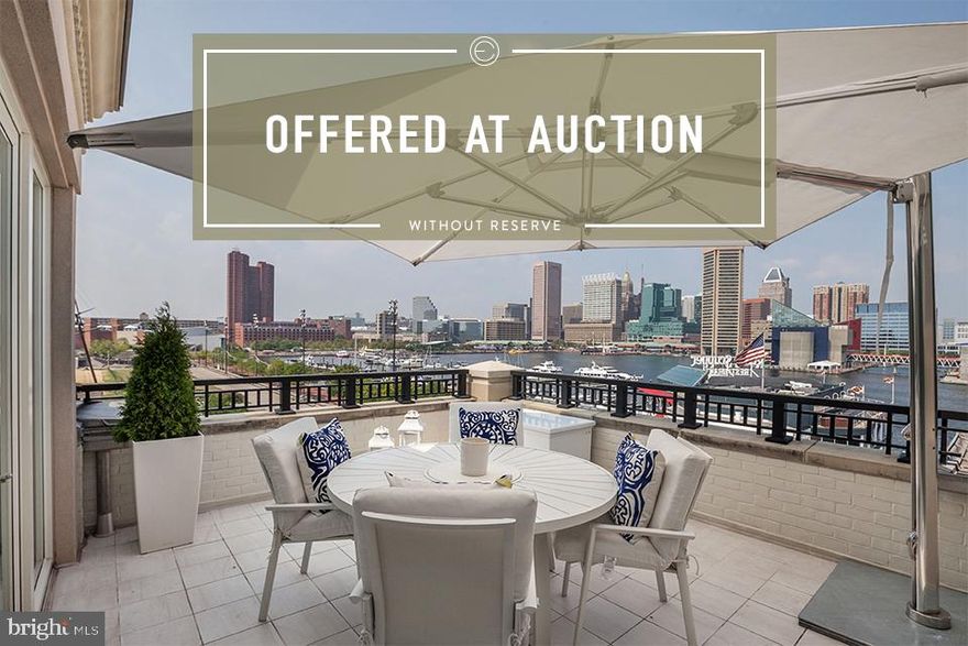 No Reserve Auction to be held on-site, Saturday, December 12th, 2020, at 11:00 AM.  Starting, Saturday, November 21st, 2020, previews every Saturday & Sunday 1:00 PM-4:00 PM by appointment, Private appointments available, Call for details.  Do you covet style, intelligent design and functional beauty? Formerly the home of beloved New York Times Best Selling Author, Tom Cla.ncy, this 4BR/5.5BA Ritz-Carlton penthouse embodies this rare, and illustrious fusion of luxury and efficiency. Created over the course of two years at a cost of over $15 million dollars, three penthouses were successfully combined to reflect exquisite tastes and quality craftsmanship, creating the ultimate 12,000 sqft  Ritz-Carlton Penthouse.  Inspiring and exceptionally modern, the home demonstrates an appreciation of the finer things in life. Designed for entertaining, the open floor plan, custom elements, spacious rooms, and high 10  ceilings throughout welcome guests to an incomparable living experience. Exploring the penthouse, one enters via the expansive foyer opening into a lavish gallery space. Discover a prodigious 1,500 sqft living room boasting breathtaking water and skyline views, and a dining doom capable of hosting dozens of your closest friends and associates. Whether enlisting the assistance of a professional chef or exercising your culinary muscles, the sleek and glistening gourmet kitchen has top-of-the-line Viking and Sub-Zero appliances to ensure your coq au vin or duck confit pairs perfectly with your favorite vintage wine. Later in the evening, enjoy an award-winning motion picture with friends and family in the premium home theater. Retire to the massive master bedroom with spacious sitting areas, two glamorous en suite baths, and enclosed and fully custom walk-in closets and dressing areas. Holistically designed, the comprehensive in-home gym provides an area dedicated to healthful living. Whether a seasoned executive seeking temporary refuge or a writer in need of a muse, reflect in a sequestered office featuring custom bookshelves and private access to a patio with harbor and city views. For ample and complete convenience, full home automation for lighting, shades, blinds and sound may be controlled from throughout the residence or through an easily downloaded smartphone app. Additional residence features include 5 parking spaces, an elevator from garage to private vestibule, panoramic views of The Inner Harbor, Harbor East, Fells Point, Federal Hill and Downtown city skyline, two offices, four balconies and two corner terraces. Not only is this penthouse the most impressive and opulent home in Baltimore, the 190 resident building is equally as extraordinary. Situated on a 5-acre premier waterfront parcel along Baltimore s Inner Harbor, The Ritz Carlton Residences has five-star amenities including 24/7 front desk attendants, two acres of waterfront gardens with fountains, Ritz-Carlton trained concierge, free valet parking for residents and guests, meditation garden with a waterfall, exceptional security with 88 cameras surrounding property, dry cleaning pickup and delivery, available maid service, six residential suites for resident guests, and porters to deliver groceries and packages directly to residences through service corridors. Complimentary access to the amenity rooms is also granted for residents, which includes the game and billiards room, resident lounge, 30 seat resident theater and the board room! Start Living the Good Life Today! Call now to schedule your private and exclusive tour of The Ritz-Carlton Penthouse!