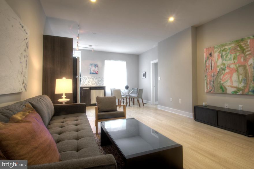 Beautiful open layout. This unit has a gourmet kitchen with stainless steel appliances, white Silestone countertops, flat-panel espresso custom cabinetry.  hardwood floors, porcelain tile bathroom with a seamless glass shower! Each unit has its own washer/dryer and the building has a beautifully landscaped outdoor courtyard. Pet friendly!
