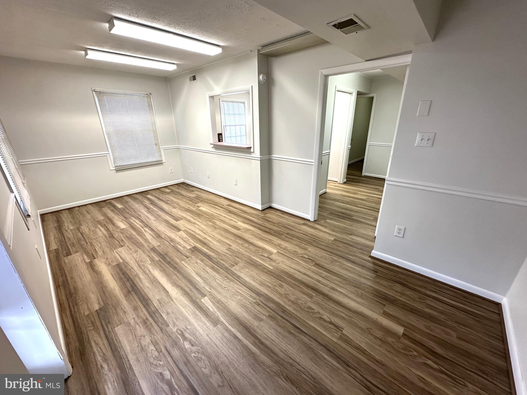 1,280 +/- sq. ft. of 1st floor office space in the heart of La Plata, MD. 5 private offices and reception area. 2 Private restrooms. 2 storage closets. 2 entrance/exits. Tenant is responsible for cable/wifi and janitorial services for the space. Landlord provides dumpster for Tenant's use. Tenant shares open parking with other Tenants in the building.
