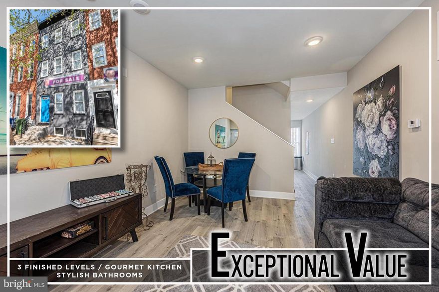 WHY RENT WHEN YOU CAN OWN THIS NEWLY RENOVATED ROWHOME WITH 3 FINISHED LEVELS OF LIVING SPACE! Features include wood flooring throughout, an inviting living area with space for a dining area, a Chef's kitchen with ss appliances & granite counters, 2nd level with 2 bedrooms and 1 full bath, 3rd level Primary bedroom suite with a full bath, and an unfinished basement that's perfect for storage! Property is eligible for 10K Vacants to Value grant and is convenient to UMMC, downtown Baltimore, stadiums, and major roadways! Also see 1005 N. Mount St. for a different floorplan from the same builder.