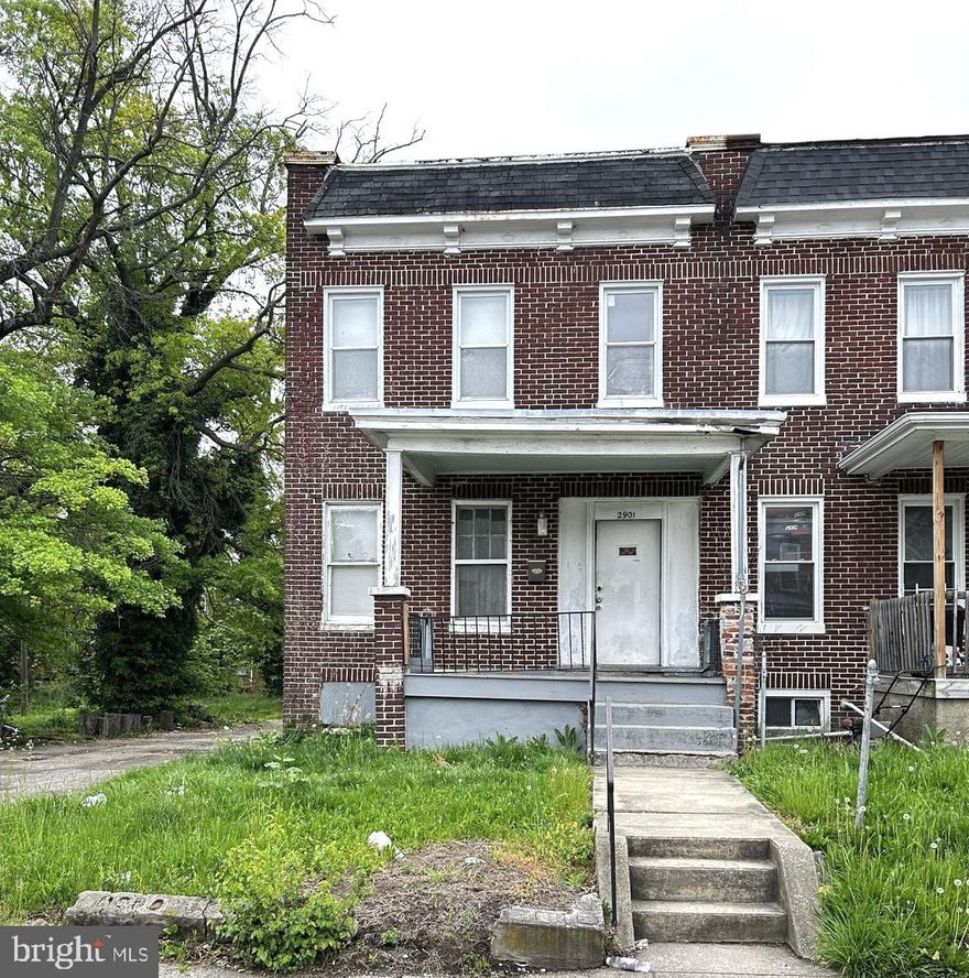 Renovation opportunity.  End unit home current includes a foyer, separate living and dining room, spacious kitchen area, 3 bedrooms, 1 bathroom, unfinished basement, 2 car detached garage. Conveniently located near the Coldspring subway station, I-83, Druid Hill Park and minutes from downtown.