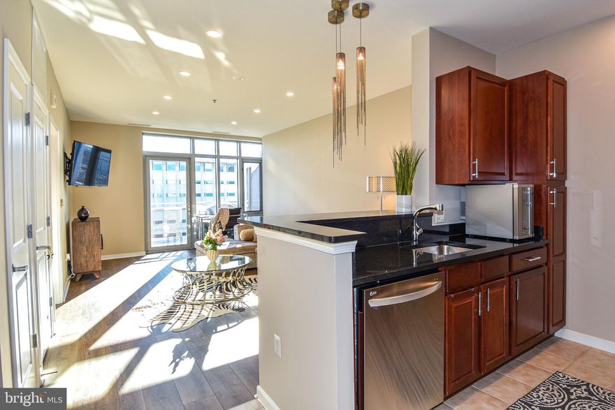 Stunning 1-bedroom, 1-bathroom condo with private patio and just blocks away from the metro! Located on the 8th floor, offering a spacious modern living open floor concept with 9-ft. ceilings for a bright and airy atmosphere.  Premium wood and tile flooring throughout adding both style and durability, recessed lighting in living and kitchen areas, oversized windows flood the space with plenty of natural light and offer spectacular views.  Breakfast bar with granite countertops, stainless steel appliances, and plenty of cabinet space.  Custom hall and walk-in closet solutions designed to maximize storage and organization for easy living, convenient in-unit full-size washer and dryer, and an assigned secured parking space. Experience the best of modern living in the vibrant City of Hyattsville where dining, shopping, entertainment, urgent care facility, and  Hyattsville Crossing Metro is just blocks away, Closest Marc Train 
 is New Carrollton & DC and conveniently close to the University of Maryland, College Park, six miles from downtown D.C. and Silver Spring, Maryland along with quick access to the Capital Beltway (I-495), (I-95) and (I-295).  Don’t miss the opportunity to call this stunning condo your home!