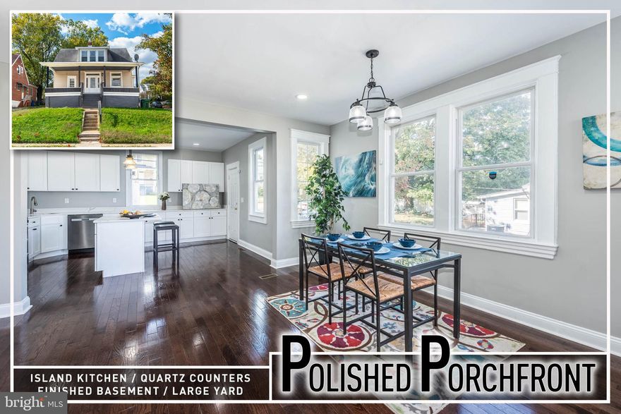 Stunning porch-front renovation offering over 3,000 sq. ft. of exceptional living space, beautifully blending classic charm with modern luxury. Step onto the inviting covered porch—a perfect spot to relax and enjoy morning coffee—then enter a bright, open main level filled with gleaming hardwood floors and abundant natural light. The spacious living room flows seamlessly into a separate dining area, ideal for family gatherings and entertaining. The show-stopping gourmet island kitchen features sleek Quartz countertops, stainless steel appliances, and a breakfast island with seating—making it the heart of the home.  The main level Primary suite provides a peaceful retreat with a generous walk-in closet and a spa-inspired bath offering double vanities, designer tile, and an oversized walk-in shower. The upper level hosts three additional bedrooms and a beautifully updated full bath, each space designed for comfort and style.  The finished lower level offers incredible versatility with a large family or recreation room—perfect for movie nights or entertaining—plus a fifth bedroom and a third full bath, ideal for guests or an in-law/au pair suite.  Outside, enjoy the expansive yard offering plenty of space for outdoor living, gardening, and play, along with the charming front porch that enhances the home’s curb appeal. Every detail has been carefully considered in this polished renovation, creating a move-in ready home that perfectly balances modern convenience and timeless character.