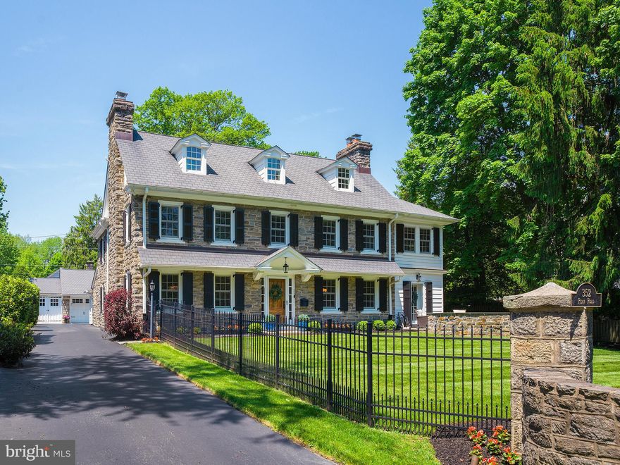 Welcome to 352 Penn Road in Wynnewood, a quintessential Main Line Stone colonial home in a prime location with walkability to award-winning schools, Septa and Amtrak train systems, and some of the best shopping and dining in the area. This home has been meticulously cared for and is completely move-in ready. Gorgeous stone fencing and gates create privacy within the lot and add to the curb appeal of the home. The long driveway provides ample parking and leads to the convenient two-car detached garage at the back of the home. You will immediately feel at home upon entering the warm and welcoming foyer. To the right is the formal living room with a wood burning fireplace, and deep sill windows that show the character and history of the home. A cozy den is found off the living room with a gorgeous exposed stone wall, and a door leading to the front patio. A bright sunroom, currently being used as an office, is surrounded by windows, and perfect for relaxing, sipping your morning coffee or getting work done while the sun warms you up. On the opposite side of the foyer, you will find the formal dining room which features a gorgeous gas burning fireplace that adds elegance and warmth to the space. The dining room is directly off the eat-in kitchen which makes hosting dinner for friends and family painless. The updated kitchen is fully equipped with a large center island with barstool seating, granite countertops, crisp white slow close cabinetry, and high-end appliances, making the space a chef’s dream. A second staircase is found in the kitchen leading upstairs. A convenient laundry room and mud room is found at the back of the house for easy entrance from the driveway and garage. A powder room completes this main level. Upstairs to the second floor is the primary bedroom, which features hardwood floors, a gas-burning fireplace, and a huge walk-in closet with built-in shelving and another gorgeous exposed stone wall. The primary bathroom is spacious and includes a soaking tub, a glass door shower, and a sink vanity. The two additional bedrooms on the second floor are both nicely sized with deep closets and share the hallway bathroom with a double sink vanity and tub shower combo. The third-floor features two more well-sized bedrooms that share the hallway bathroom. If five bedrooms are unnecessary for your lifestyle, these rooms are perfect for anything that suits your needs, whether that is an office, playroom, art room, etc. It does not end there; the basement is finished with everything you could want or need. The main living space of the basement is perfect for movie nights and features built-in cabinets to display your personal items and make the space your own. Gather around the table for game nights or mix up a cocktail at the newly installed bar area. The basement is complete with a full bathroom as well as dedicated space for a home gym. The outdoor living space is just as great as the inside with a covered patio at the back of the home great for grilling and relaxing on warmer days. The backyard is nicely sized and fenced to make it private and peaceful. Completely move-in ready, with wonderful indoor and outdoor features, while in a prime location, this home will be a pleasure for its new owners!