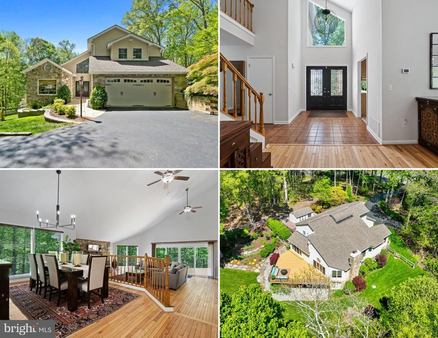 LOCATION LOCATION LOCATION! Welcome to your dream retreat in the sought-after Dunkirk location! Nestled at the end of a quiet cul-de-sac on nearly 5 acres, this 4100+ sq ft contemporary style home with a finished walk-out level basement offers stunning space, serenity, and the most tranquil natural surroundings. From the moment you pull into the driveway, the incredible curb appeal sets the tone. Meticulous perennial landscaping, extensive hardscaping, a fenced-in yard, stone and vinyl exterior, and a charming brick walkway welcome you to a grand double-door entrance. Step inside to cathedral ceilings and an open-concept layout filled with natural light. Just off the foyer is the kitchen and a beautiful dining area with hardwood floors. Kitchen includes stainless steel appliances, an island with additional cabinetry, a pantry, and a cozy breakfast nook. Dining area has a step down to the spacious family room boasting more hardwood floors, a stone wood-burning fireplace, and double sliding glass doors opening to a sprawling deck with breathtaking views of your well-manicured lot backing to woods. The main-level primary suite offers a true retreat with a sitting area, walk-in closet, and attached bathroom with double sinks and walk-in shower. The main level also includes a laundry room with extra cabinetry and a hallway powder room. Upstairs, you’ll find four generously sized bedrooms and two additional full bathrooms—plenty of space for family or guests. Bring the party to the basement with a large rec room, a game-room/second rec room space, a bonus room/office, and sliding glass doors that lead to a gorgeous, covered stone patio. Basement also includes an unfinished storage/utility room. Outside, the grounds are simply spectacular—from stone steps and two patios to professionally landscaped gardens and wooded privacy... you can’t help but fall in love! Other features include dual-zoned HVAC systems (main level & basement system replaced within the last 6 months), a 23-zone irrigation system, hybrid 60+ gallon water heater, water softener and filtration systems, Anderson windows, and so much more. You’ll feel like you’re miles away from the hustle and bustle while being just minutes from local amenities and great distance for commuters to DC, NOVA and multiple military bases as well. This home is truly one-of-a-kind... Run, don’t walk!