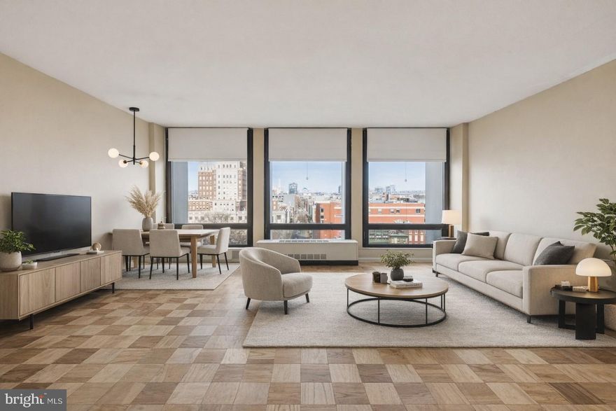 Renovated one bedroom with floor-to-ceiling windows at Society Hill Towers. Enter through a foyer with large coat closet into the bright and spacious great room with ample room for living, dining, and entertaining. Adjacent is a fully renovated kitchen with white shaker cabinetry, quartz countertops, brand new stainless steel appliances, upgraded tile floor, and a passthrough overlooking the living area. The generously sized bedroom enjoys beautiful natural light from floor-to-ceiling windows and excellent closet space. The full hall bathroom has a tub shower with white tilework. There are newly refinished parquet wood floors and fresh paint throughout. Residents of Society Hill Towers enjoy a 24 hour doorman, underground parking, access to the fitness room and outdoor pool for a fee, available hospitality suite for a fee, on-site Philly Car Share, coin operated laundry room in basement, and shopping plaza on site with market, dry cleaner and beauty salon.