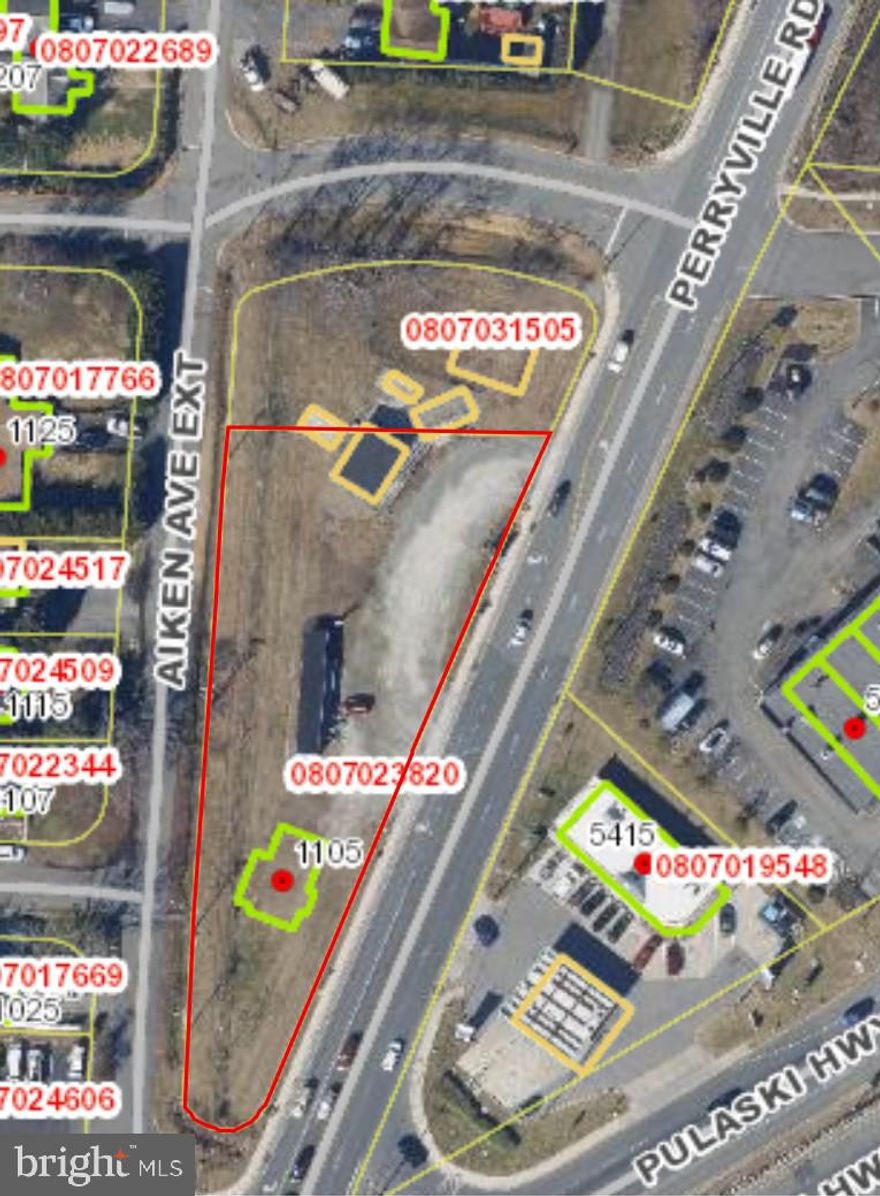 LOCATION! LOCATION! LOCATION! Commercial lot ideally located for exposure and access. The old rule of the importance of LOCATION, LOCATION, LOCATION is especially true here because of the actuality for potential customers to stop for the traffic light on MD #222 at US #40 and having 481' feet of frontage to gaze upon from their car or truck right into whatever commercial business is situated there. It always has been better to have a business on the stop side of an intersection as opposed to a location on the leaving side of an intersection. Why? Because at least half the traffic has already stopped for a light. Directly across the street on the triangle between #222 and #40, there are several very active and successful businesses including a Royal Farms convenience store, CVS drug store, a series of small connected shops with an Oriental restaurant and a free standing PNC bank. The depth of the property extends all the way through to Aiken Avenue with the right of egress and ingress there also. Water and sewer are supplied by the Town of Perryville with connections in place. The owners used this location successfully for years accommodating two retail sales .