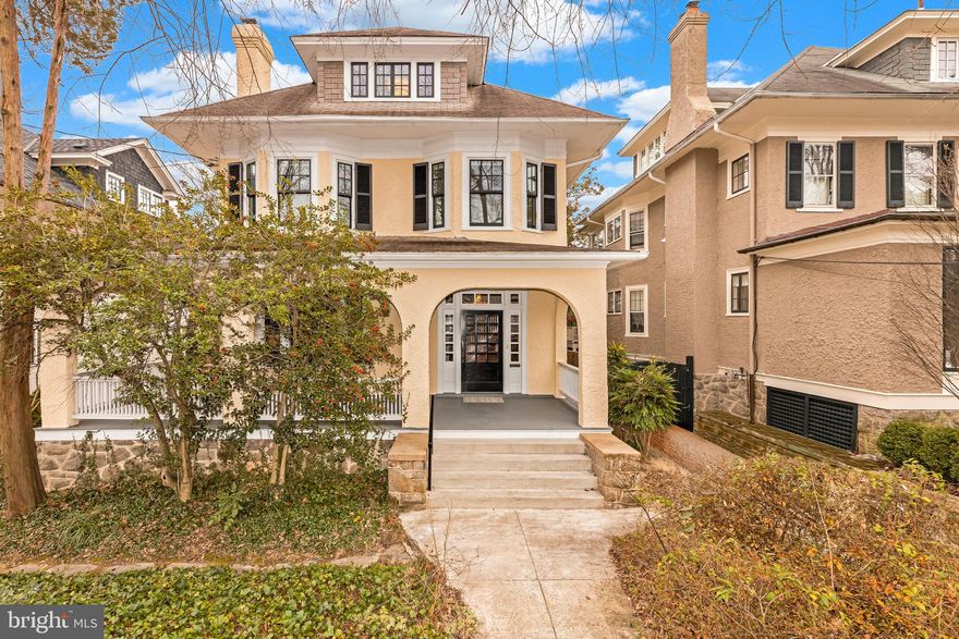 Fantastic opportunity on PRIME neighborhood block! This quintessential Cleveland Park foursquare has been recently & meticulously renovated while retaining its original historic character and preserving many of its charming period architectural details. This enchanting home with a wide front porch sits on a spacious 6,750 SF lot with a private driveway and garage and features airy, well-proportioned rooms throughout its four finished levels - each sun-drenched from many south-facing windows overlooking the deep backyard with striking views of the National Cathedral and Washington Monument! The main level has 9 1/2’ ceilings and features an elegant foyer, large living room with fireplace, large dining/family room open to (brand new!) kitchen, and den w/ PR. Upstairs are 5-7 bedrooms, and 3 full baths. Sunny lower level with full bath. Dream location just steps to schools, restaurants, shopping, & transit!