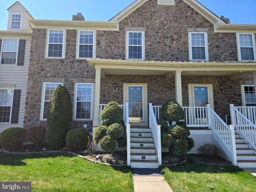 Beautifully appointed Bedminster Hunt West Townhome with countless upgrades.  The first floor has hardwood floors and 9 foot ceilings.  Enter into a foyer with coat closet and powder room then into the spacious sunlit living room with recessed lighting and crown molding.  The dining room is open to the kitchen and has crown molding and wainscot.  The kitchen is loaded with upgrades including granite counters, granite Island, pantry, travertine backsplash recessed LED lighting, 42" maple cabinets and stainless appliances.  Exit kitchen to rear patio, yard and detached garage with electric opener.  A large area of the basement is finished with new carpet and recessed lighting and egress window.   The main bedroom has vaulted ceiling,  generous walk in closet and full bath with marble floors and shower,  love-tub, double sinks, vaulted ceiling.  The community has a fun playground, tennis and basketball courts, walking trails in a beautiful location, Convenient to Dublin Borough,  local parks, major shopping, dining and employment centers,  Doylestown to the Southeast and Quakertown to the Northwest.