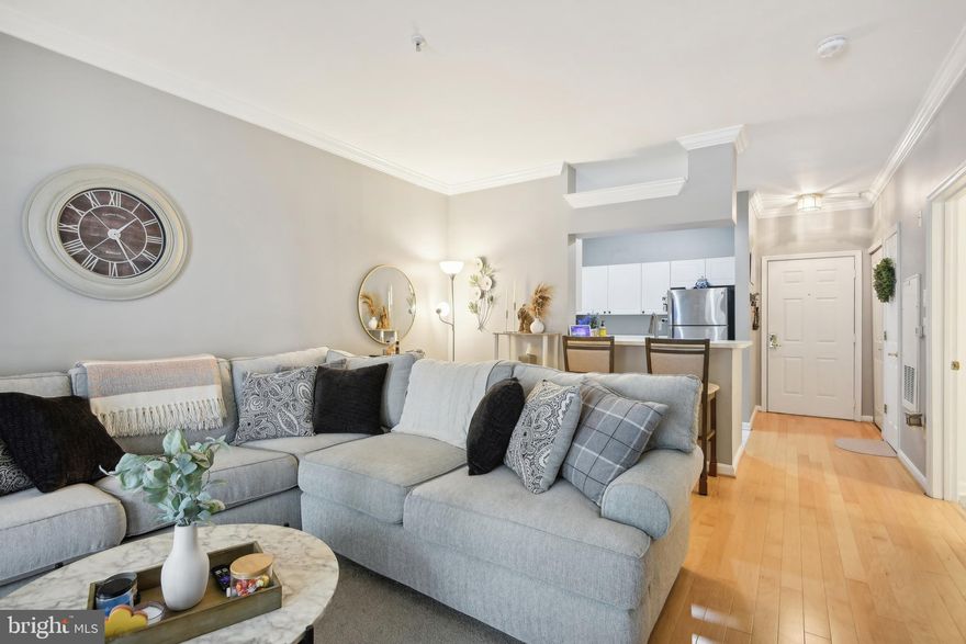 This sophisticated 1-bedroom, 1-bathroom offers a blend of modern comfort and convenience, ideally positioned for both privacy and tranquility. Step inside to discover a bright and airy space filled with natural light, accentuated by elegant wood flooring and calming light grey walls. Crown molding and generous ceiling heights add a touch of refinement, creating a warm and welcoming ambiance. The kitchen is a chef’s delight featuring ample cabinet storage, a bar area perfect for entertaining, stainless steel appliances, and extensive counter space making meal prep a breeze! The spacious living area offers endless possibilities for personalization and flows seamlessly into a private outdoor patio, perfect for unwinding after a long day. Indulge in the updated bathroom, featuring modern fixtures and an extra-large soaking tub for a spa-like escape. With dual access points—from both the living room and primary bedroom—this space combines functionality with luxury. The expansive walk-in closet (8'8" x 7'5") provides abundant storage, while the in-unit washer and dryer add everyday convenience. Your assigned underground parking spot (#186) is just steps from the elevator, making coming home effortless.

Living in the Palazzo at Park Center means enjoying a vibrant community with resort-style amenities. Take a dip in the large pool, stay active in the modern fitness center, or host gatherings in the clubhouse’s party room. The on-site property management office and conference room add to the convenience, making life here as easy as it is enjoyable.

Ideally located for commuters, this home offers quick access to I-395, multiple bus routes, and is just minutes from National airport, train, and metro stations. Explore the nearby shopping and dining hotspots at the Village at Shirlington and along King St/Route 7, all are a short stroll away.

This condo is more than just a home—it’s a lifestyle. Don’t miss the chance to make this stylish retreat your own; Come and experience the vibe for yourself!