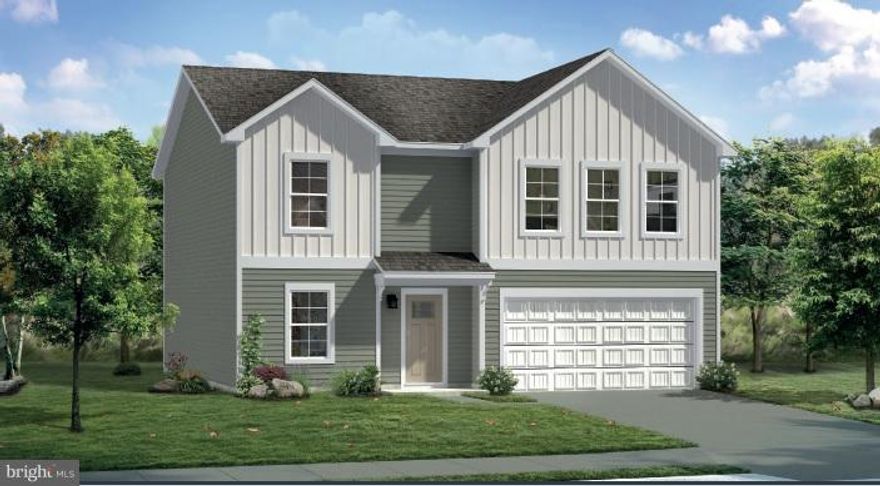 Brand new Heritage Series. 2x6 Construction. 4BR, 2 1/2BA, 2 car garage w/ covered porch, modern open floorplan with luxury vinyl entire 1st floor, kitchen with white cabinets, island, stainless appliances, concrete patio and more!