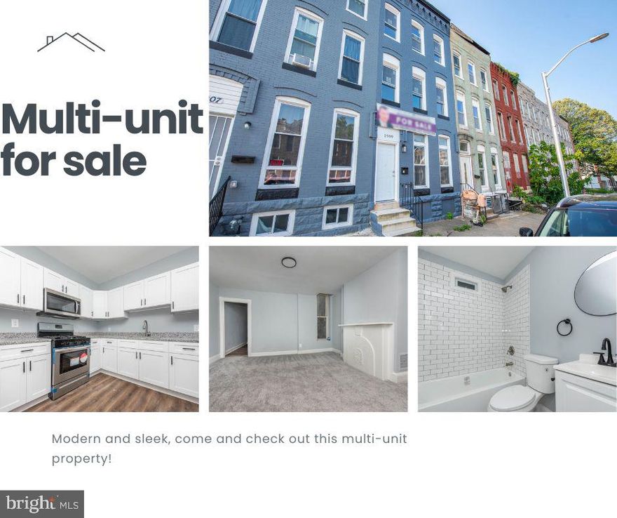 This 2 unit townhouse was recently renovated. On the first floor, there is a 1 bed 1 bathroom unit with a basement with its own electric box and furnace. On the second and third floor, there is a 3 bedroom 1 bathroom unit. On the second floor there is 1 bedroom, 1 bathroom, a kitchen, and a bathroom, on the third floor, there are 2 bedrooms, one of which has a back porch with its own entrance from outside. The second unit also has its own electric box and furnace. There is new plumbing system in the house as well as new gas line. It is a great opportunity for large families who wish to live in the same building, or for investors who wants live in one unit and rent out the other unit as a whole, or as individual rooms and pay the mortgage this way. There are many houses that are renovated in the street and there are others currently being renovated. The location of the house is also very convenient being close to downtown Baltimore. This multi-unit house is a must see!