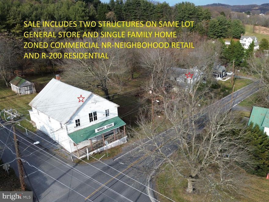 This sale includes two primary structures plus a detached garage on a 1-acre lot. Webb’s Store (ca.1897), formerly A&W Grocery, served the community for over 80 years and a Victorian home (ca.1899) located next door on the shared parcel. The property is situated at a four-way stop along a heavily utilized country road that offers plenty of public exposure for your business. Zoning is R-200/NR – Neighborhood Retail overlay allowing for a variety of potential residential and/or commercial uses. The corner store building is approximately 2,750 SFT and consists of a main floor with traditional general store floorplan and includes a restroom and large storage room. The upper level offers a large open space with high ceilings and additional restroom. Located just north along Clarksburg Rd, the included Victorian home is approximately 1,680 SFT and offers 3-bedroom 2 full baths. The metal roof on the home appears to have been replaced in 2008. Shared septic and well. Both structures will require extensive renovation and are being sold strictly as-is. The property is located within the Lewisdale Historic District but is not on the Historic Register. Potential buyers are encouraged to conduct their own due diligence for condition and acceptable use.