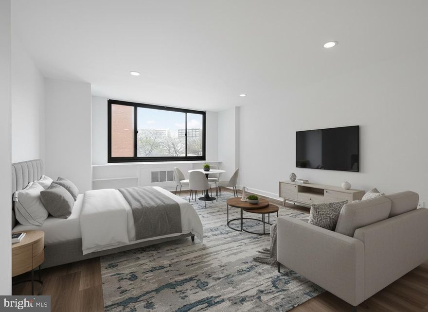 Unique, no-detail-left-behind renovation in this luminous 5th-floor A‑14 studio at River Place South — 463 sq ft thoughtfully designed for style and function. The kitchen showcases Emerald White Vita shaker cabinetry, high-end Italian Smeg appliances, and Brazilian Silver Gray granite countertops, complemented by a white ceramic subway tile backsplash. The remodeled bath features matching subway tile surround for the tub/shower, contemporary light, mirror and fixtures. Light-colored laminate flooring flows throughout, amplified by abundant natural light. Monthly coop fees are low and include all basic utilities (water, electricity, gas, central A/C & heat and the building offers complimentary WIFI). River Place sits on 13 acres with panoramic views of the Washington, DC skyline — including the Lincoln Memorial, Washington Monument, U.S. Capitol, Jefferson Memorial, and the Potomac River. River Place South is a cooperative; cash buyers are highly desired and financing is permitted only through pre-approved coop lenders. Schedule a showing or request more details from the listing agent.