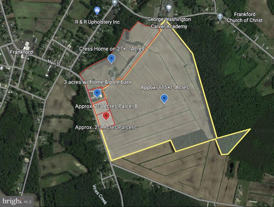 115+/- Acres Prime Farmland along Pepper Rd in Frankford!  Ag Ditches, some woods, just outside Town limits of Frankford.  Possibility to annex into town with Sewer & Water.  Currently being farmed.  Want a chance to own a beautiful property with over 700 feet of Road frontage and road frontage along Frankford School Rd.