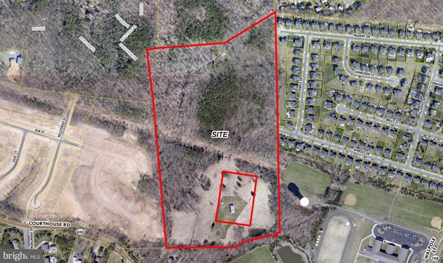 48 ACRES & Spacious Brick Ranch in Area Planned for up to 3 Units per AC A-1 Cluster Lots.  Zoned for 3 AC Homesites.  Access at 3 points from Courthouse, Kinross & Nugent.  Located w/in the Urban Service Area & can be served by public water & sewer. Existing 8" water & 8" gravity sewer lines where Kinross Dr & Nugent Dr. stub into subj. Surrounded by mix of lrg res lots & res subdiv lots.