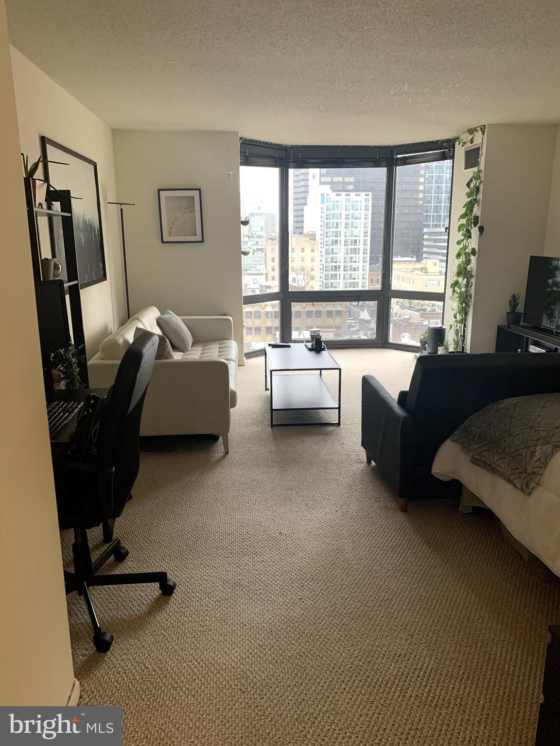 Sun-soaked studio with stunning Center City views on a high floor of Wanamaker House. This efficiency features floor-to-ceiling bay windows providing excellent natural light; a separate and well-equipped kitchen; full hall bathroom with a shower/tub; and incredible closet and storage space. The Wanamaker House is located one block from Rittenhouse Square and provides easy access to both Center City and University City; residents enjoy a 24-hour doorman, a seasonal rooftop pool, a fitness center, and a parking garage available for an additional fee (subject to availability). All common areas were recently renovated including the lobby, hallways, meeting room, amenity lounge, and fitness center, designed by world- renowned architect Cecil Baker.