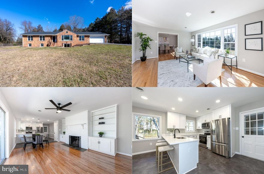 This completely remodeled all brick home offers top-to-bottom upgrades featuring brand new insulated vinyl clad windows, a new Timberline roof, new gutters and downspouts, new HVAC, new insulated garage door, fresh paint on trend neutral paint, chic upgraded lighting, refinished hardwood floors, and a fully remodeled kitchen and renovated bathrooms! Situated on a serene and spacious 1-acre lot in a prime location with no HOA, this beautiful oversized brick rambler includes a finished lower level with room to expand and a two-car attached garage. ****** The interior boasts new, neutral grey paint complemented by bright white trim. The main level shines with newly finished, gleaming hardwood floors. The main level features a welcoming foyer with slate flooring, to the right the elegant living room features a large picture window that fills the space with natural light. The formal dining room is accented by chair rail adding a refined touch. ****** The expanded, oversized kitchen showcases pristine new 42" white shaker style cabinets, gorgeous upgraded quartz countertops, all new GE stainless steel appliances including a smooth top range and refrigerator with ice/water dispenser, a tile backsplash, and upgraded lighting and fixtures. A breakfast  area opens the family room with a floor to ceiling brick wood-burning fireplace flanked by custom built-in bookcases creating a cozy atmosphere for gatherings with family and friends. Here, sliding glass doors open to a large deck overlooking the fenced rear yard backing to majestic trees, ideal for indoor/outdoor living and entertaining. ****** Back inside, hardwood flooring continues down the hall and into the light filled owner’s bedroom suite boasting a contemporary lighted ceiling fan, walk-in closet, and luxurious remodeled bath with brand new quartz topped vanity, sleek lighting and fixtures and  with glass enclosed shower with hand laid tile. Two additional generously sized bedrooms, each bathed in natural light with contemporary lighted ceiling fans, share access to the brand new hall bath with quartz topped vanity, and new tub with designer tile surround and flooring. ****** The expansive partially finished walk-out lower level adds a wealth of additional living space and features a spacious recreation room with a floor to ceiling brick double sided fireplace and ample space for games, media, and simple relaxation. Two separate spacious unfinished areas provide loads of storage space and room to expand and design to meet the demands of your lifestyle. ****** One of the most exceptional features of this property is the expansive and tranquil acre lot surrounded by majestic trees. The landscape provides ample room for outdoor activities, gardening, or even the addition of a pool or additional outdoor entertaining area. The absence of an HOA empowers you to fully embrace your creativity and preferences in shaping your outdoor oasis. Owner is a Licensed Realtor****** Don't miss the chance to own a piece of Manassas real estate that will make you feel miles away from the hustle and bustle, yet combines convenience in commute and is just minutes to Prince William Parkway, Routes 234 and 28, and the VRE. Enjoy the abundance of shopping, dining, and entertainment choices in every direction including Historic Old Town Manassas. For classic elegance with contemporary flair and all the upgrades homebuyers seek in an idyllic setting, you’ve found it!