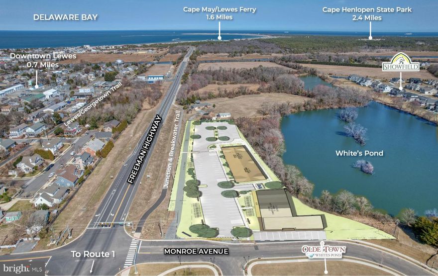 Attention Developers, Investors, Retailers, and Tourism-Based Businesses: A prime opportunity awaits with 3 acres of commercially zoned, developable land for sale in Lewes, DE, located at a brand-new full movement intersection at the NE corner of Freeman Highway (Cape May-Lewes Ferry Road) and Monroe Avenue. This strategic location is surrounded by thriving residential neighborhoods in a high-demand demographic area. Positioned less than 1/2 mile from downtown Lewes, the Cape May-Lewes Ferry and Cape Henlopen State Park, and at the junction of several bike trails, the property offers excellent access to local residents and tourists alike. The area is amenity-rich, with proximity to popular restaurants and retailers, making it ideal for retail development, commercial/residential mixed use  and hospitality ventures. This is a rare chance to invest in one of Delaware’s fastest growing and most desirable coastal markets.
Note:   “Dwelling unit, apartment in conjunction with commercial use and only on floors above street level”; City of Lewes, Table of Permitted Uses and Structures, General Commercial (GC) Sec. 197-Attachment 1.

The property is currently improved by a single story, +/-8,600sf tenanted building. Proposed, approved development plans include the addition of a new 15,000 sf building, comprised of: 6,000sf for two-story restaurant* including deck and patio areas; and 9,000sf of retail space, and renovations to the existing 8,600sf building. Preliminary Site Plans with conditions were preliminarily approved by the City on 4/10/2023. DelDOT/DRBA and City of Lewes entrance approvals are in place and a new full-motion traffic light and highway improvements to the Monroe Avenue at the Freeman Highway (Ferry Road) intersection are complete. Agency approvals including the Delaware Fire Marshal and Sussex Conservation District are final approved and Final Site Plan approval was given July 16, 2025, with such approval expiring April 10, 2026 (extendable by application for one year, to April 10, 2027). Per the City of Lewes Zoning Code, the property has no side/rear setbacks, is not part of a water recharge area, with a 40’ (3-stories) maximum height- restriction. *(Separate conditional use approval by the City of Lewes is required for use of the 2nd floor of restaurant portion of the building for restaurant seating).