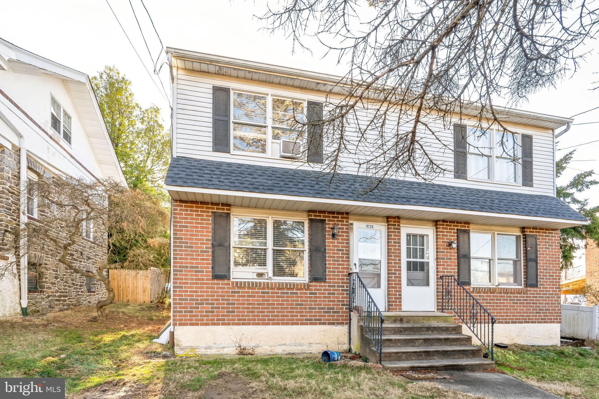PROPERTY IS RECENTLY SUBDIVIDED, AND ADDRESS ON THE HOUSE IS 413B PAOLI AVE. Spacious twin on extremely large, over 4,300 square foot, lot. The house was built in 1988, and will make a great starter home, with some upgrades you should be able to considerably improve the value. Large living room, huge eat-in kitchen, covered rear patio, finished basement with full bathroom. Upstairs we have two spacious bedrooms, both with good closet space, and a full bath. The basement is finished, and has the second full bathroom. The large, level and very deep rear yard is great for entertaining. This one is a must see, and probably won't last long.