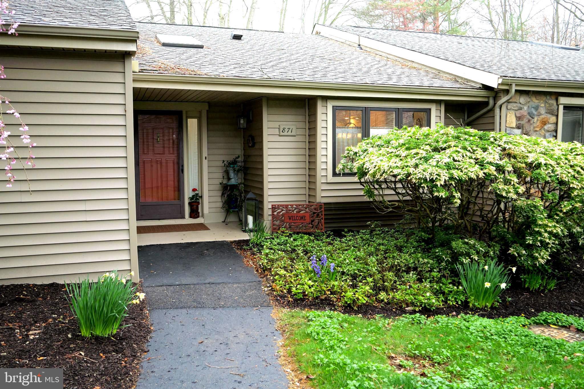 Rare opportunity to move right into a mint move in condition Newtown Model with incredible views of the entire 11th fairway of Hershey's Mill Golf Course!!! Three bedrooms, 3 full bathrooms with many upgrades! This inner unit model has a garage with a short level walk to the front door. Once inside you will be amazed by the light, condition and flowing floorplan. Enter into a true light filled foyer with new skylights. The kitchen has been updated and offers a lot of space - you do not feel cramped at all. Inviting space every step you take - from the kitchen to the dining room opening to the family room with wood burning fireplace. Newer hardwood floors throughout most of the first floor. New Sliding doors take you to an expansive patio overlooking the entire 11th fairway- now of the best views in all of Hershey's Mill! Beautiful mature trees, custom landscaping add a special touch to additional outdoor entertaining. The master suite includes custom built ins, walk-in closet and large master bath with skylights, jet tub to soak your cares away and spacious walk-in shower. The second bedroom is located on the first floor as well tucked away from the main bedroom providing privacy. The second floor offers a large bedroom area, full bathroom, closet, storage & is light filled with new skylights!!! A great secluded area to offer out of town guests, or possible office/flex room. If you know the Mill, you'll see most homes require updates immediately. 871 Jefferson is rare air offering one of the best locations, privacy, views to swoon over & in great condition. Enjoy a peaceful easy feeling when you move into this home!
