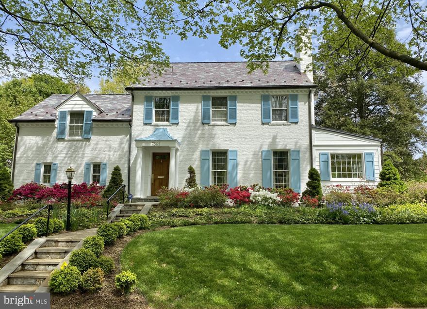 Welcome to 7501 Glendale Road, a gorgeous, 4-level, 5-bedroom, 4-bathroom, 1-half bathroom colonial elevated above a quiet street with sidewalks in Chevy Chase Section 5 (Jones Sub) between Connecticut Avenue and Brookville Road a short distance from the Chevy Chase Club, Columbia Country Club, Rock Creek Park and the shopping on Brookville Road.  From the moment the abundant curb appeal captures your attention to the moment the house presents itself upon entry, this property is a stunner!

The convenient, comfortable Chevy Chase lifestyle can be yours with features that include a main level entry hall with coat closet, living room with woodburning fireplace, separate dining room overlooking the backyard, renovated kitchen (2014) with top-grade appliances and granite counters, breakfast room with built-in corner cupboards, a huge pantry, sunroom with wet bar and skylight opening to yard, powder room and family room opening to the flagstone terrace.

The upper level includes four spacious bedrooms and three full bathrooms, including two with showers and one with a Jacuzzi-style tub/shower.  The third floor is finished as a fifth bedroom with a walk-in closet, cedar closet and skylights.  The lower level includes a family/recreation room with fireplace, bonus room, full bathroom, laundry room and utility room.

The exterior boasts a fenced yard, off-street parking, low voltage lighting, an irrigation system, a beautiful lawn, stone walls, spacious planting beds, an expansive flagstone terrace opening from the family room, new slate roofing (2014) and a walk-in woodshed.

Other wonderful features include crown molding, chair rails, hardwood floors, marble and brick fireplaces, niches, bookshelves, 80-bottle wine storage, laundry chutes, multiple ceiling fans, marble and natural stone bathrooms, top-quality brass hardware, two safes, two-zone air conditioning and heating, copper gutters, Andersen windows in living room and kitchen, wooden shutters, wrought iron railings and motion detector floodlights.