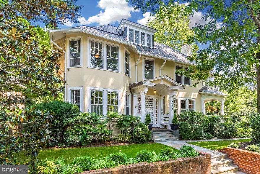 Enchanting 1912 Queen Anne tucked away on hidden-in-plain-sight Highland Place - an original  "country lane" in the heart of Cleveland Park! Stunning bayfront facade with intricate details reveals an open and airy interior with incredible scale and many historic period details preserved.  Main level has 9.5' ceilings - formal living and dining rooms, study, and sunny kitchen open to family room all of which flow seamlessly together and outside to the expansive wraparound porch overlooking over 1/4 acre of private surrounding gardens. 5BR/4BA upstairs including large master suite with luxe en suite bath, sitting room/office and dressing room. Finished LL with rec room, wine room, and lots of storage. Don't miss this exquisite neighborhood treasure!